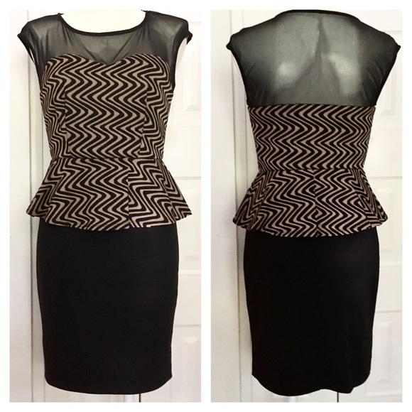 EN FOCUS STUDIO black & tan peplum dress w/ mesh - Picture 6 of 6